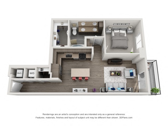 Floor plan for 1 bed, 1 bath, 862 sqft